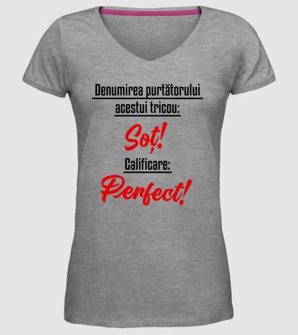 Denumirea purtătorului acestui tricou: Soț! Calificare: Perfect! model gri pe tricou