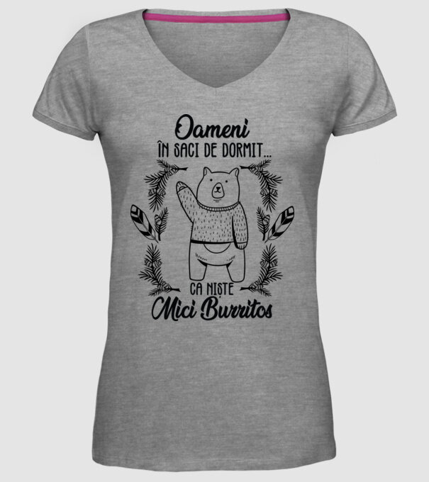 oameni în saci de dormit... ca niște mici burritos model gri pe tricou