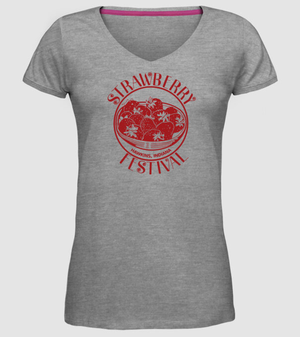 strawberry festival stranger things model gri pe tricou