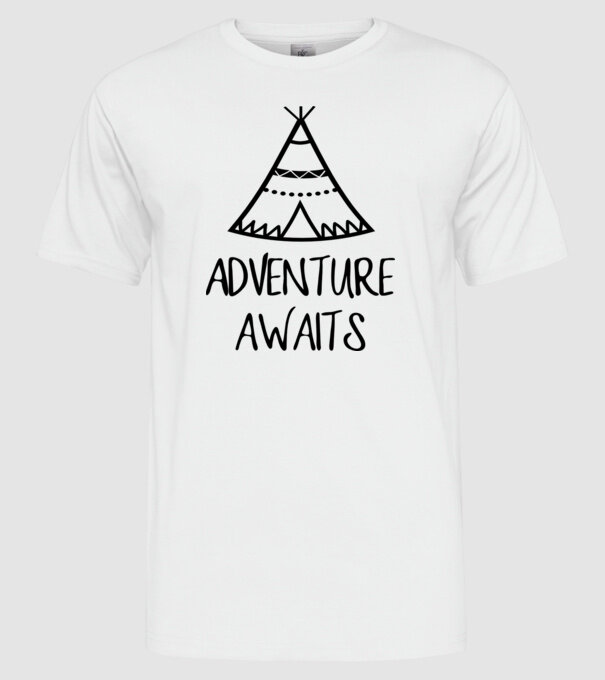 Adventure awaits teepee model alb pe tricou