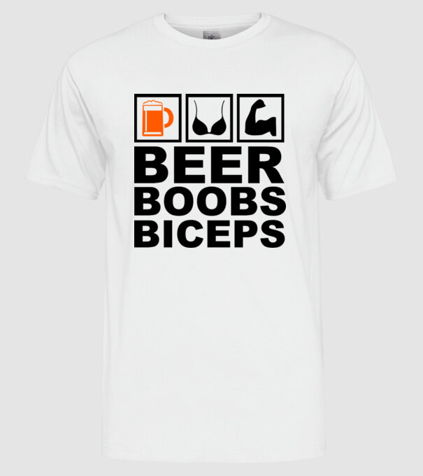 Beer Boobs Biceps model alb pe tricou