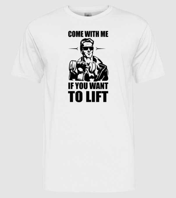 come with me arnold model alb pe tricou