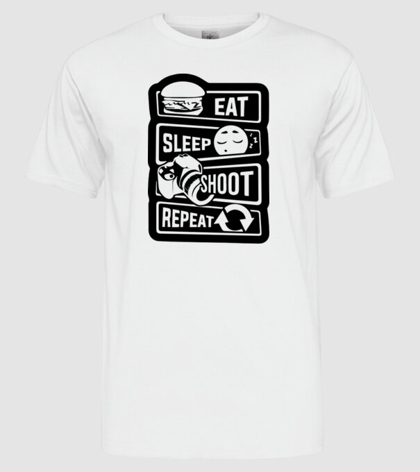 eat sleep shoot repeat model alb pe tricou