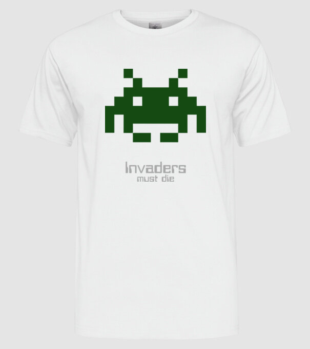 Invaders Must Die model alb pe tricou