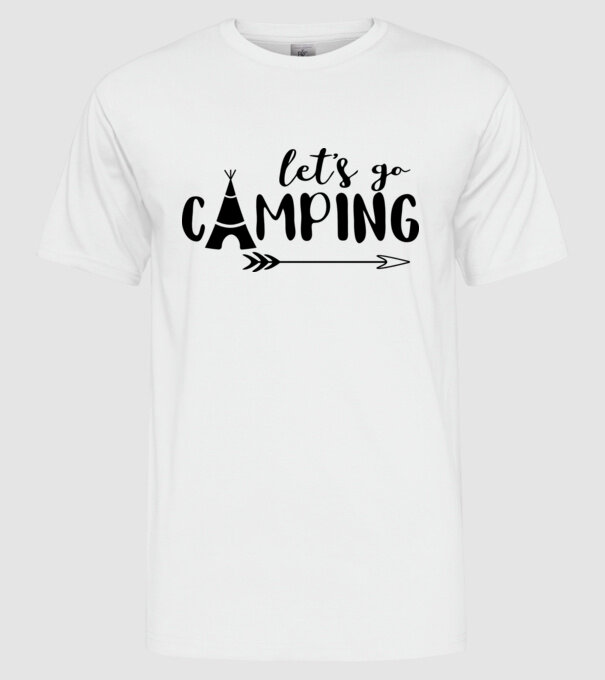 'Let''s go camping' model alb pe tricou