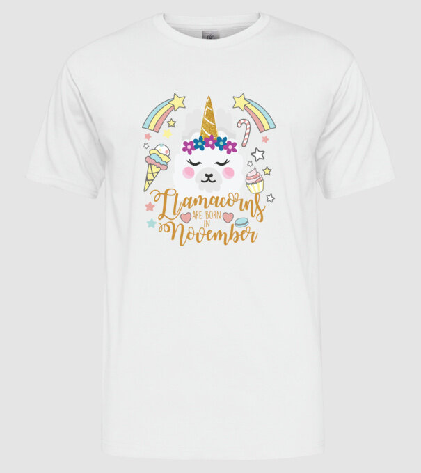 Llamacorns are born in November model alb pe tricou