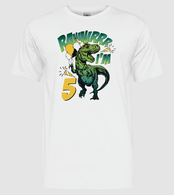 'Birthday Dinosaur rawww i''m 5' model alb pe tricou