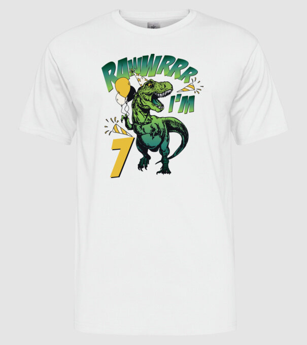 'Birthday Dinosaur rawww i''m 7' model alb pe tricou