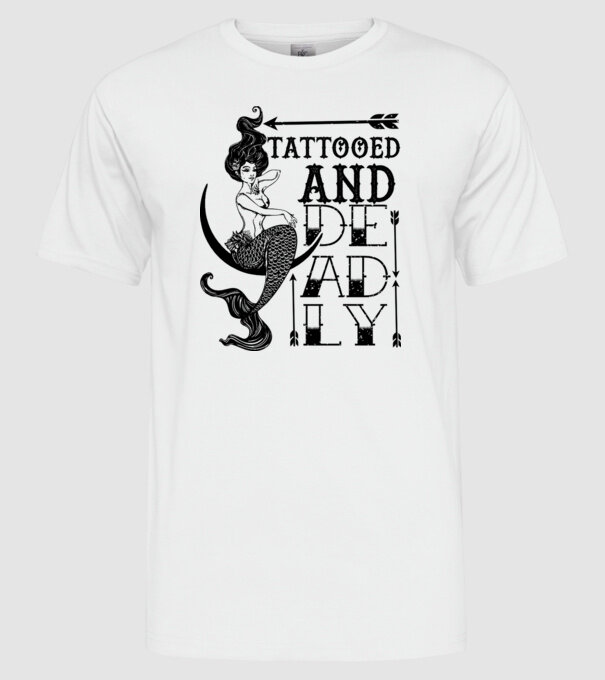 Tattooed and deadly mermaid model alb pe tricou