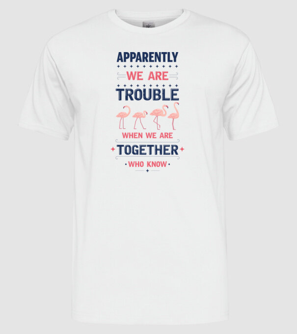 Trouble together flamingos model alb pe tricou