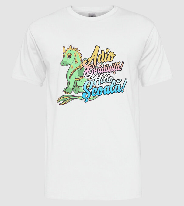 Adio grădiniță! Hello școală! model alb pe tricou