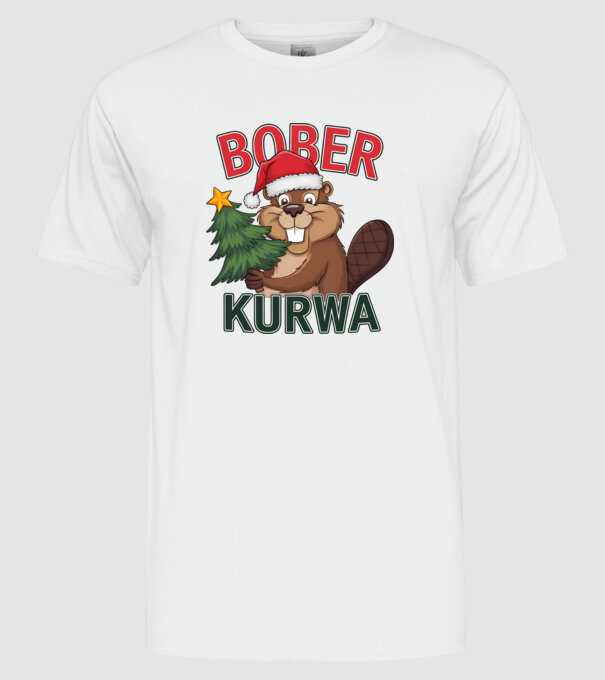 Bober kurwa Christmas model alb pe tricou