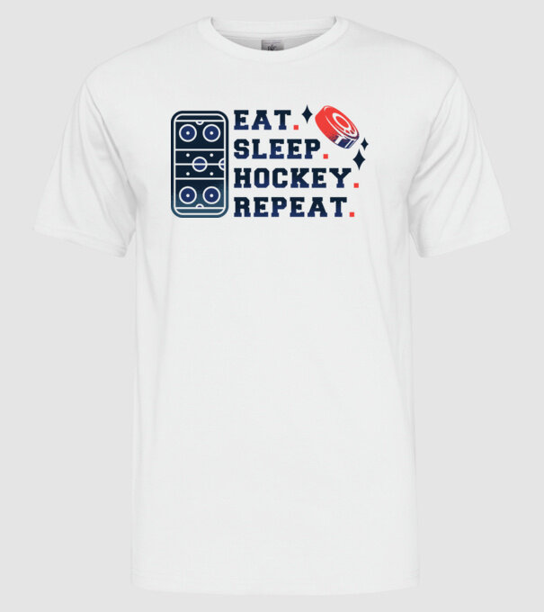 Eat Sleep Hockey Repeat model alb pe tricou