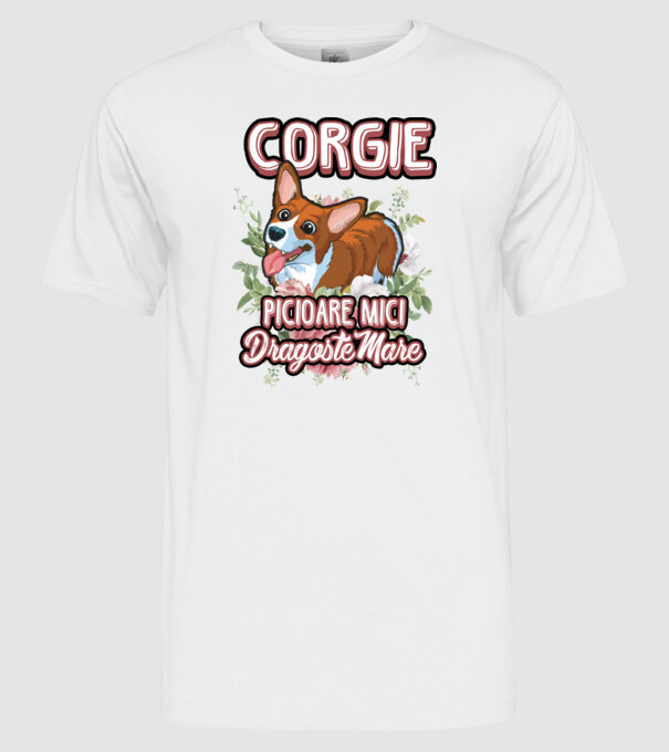 corgie : picioare mici dragoste mare model alb pe tricou