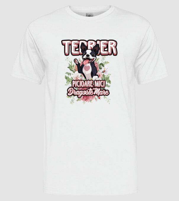 terrier : picioare mici dragoste mare model alb pe tricou