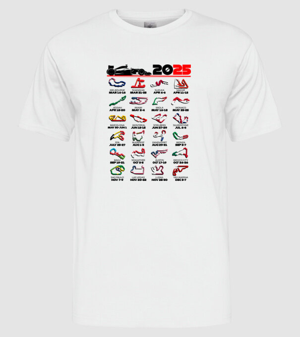 F1 calendar 2025 Alb model alb pe tricou