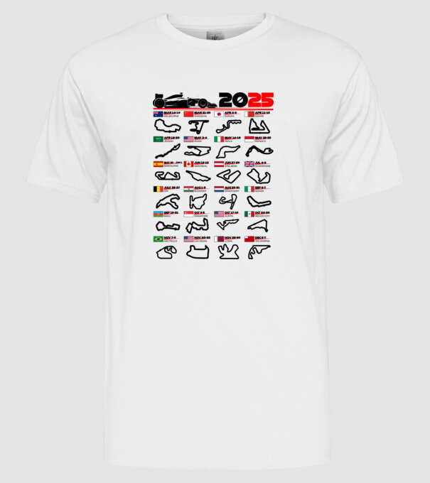 F1 calendar 2025 model alb pe tricou