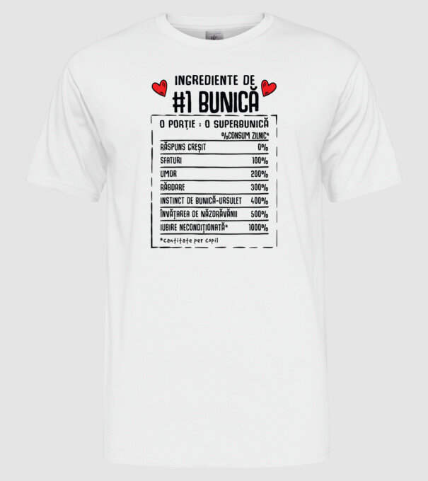 Ingrediente Bunică - o porție : o superbunică - %consum zilnic* răspuns greșit, sfaturi, umor, răbdare, instinct de bunică-ursul model alb pe tricou