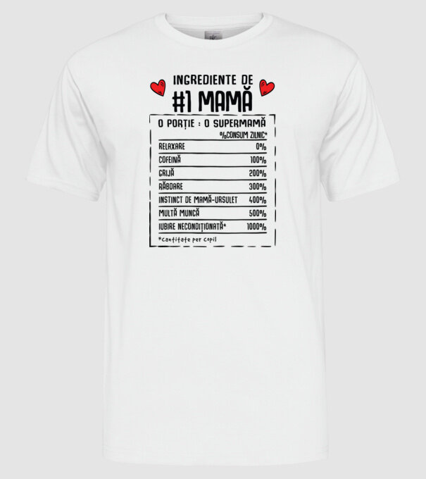 Ingrediente de Mamă - o porție : o supermamă - %consum zilnic* relaxare, cofeină, grijă, răbdare, instinct de mamă-ursuleț, mult model alb pe tricou
