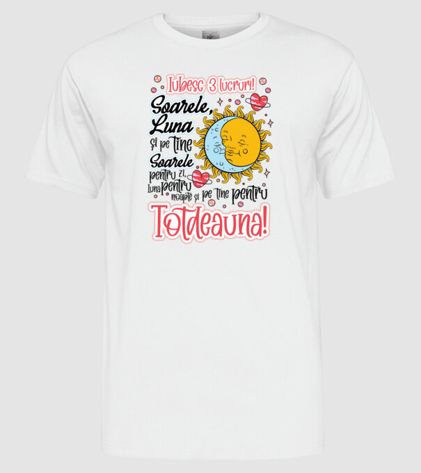 Iubesc 3 lucruri model alb pe tricou