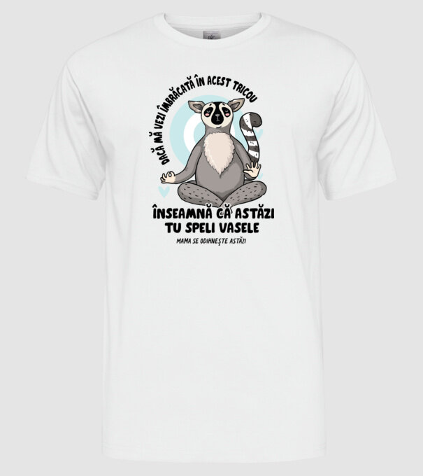 Dacă o vezi îmbrăcată în acest tricou, înseamnă că astăzi tu speli vasele. Mama se odihnește astăzi. model alb pe tricou
