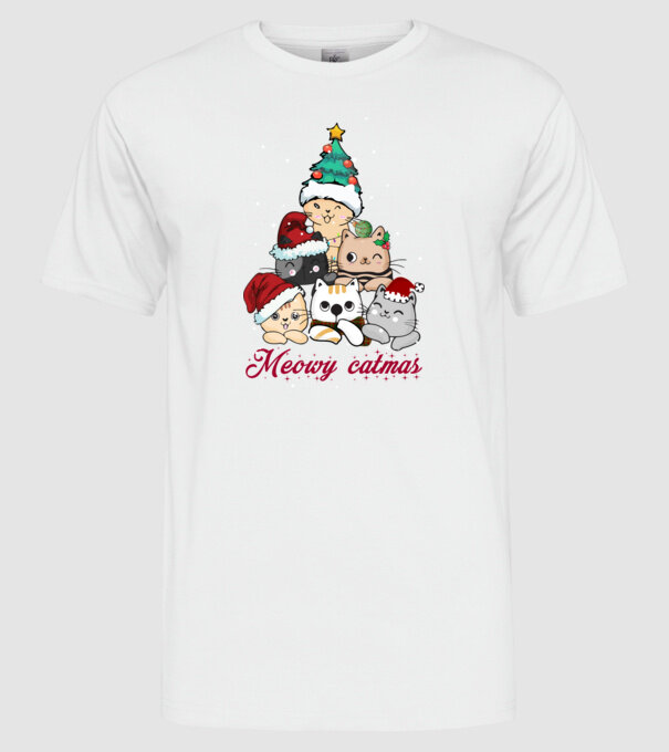 Meowy catmas model alb pe tricou