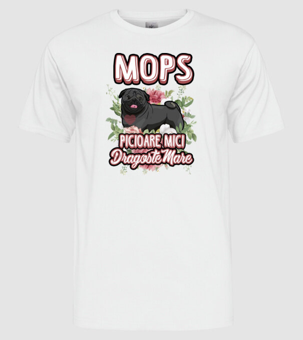 Mops negru picioare mici dragoste mare model alb pe tricou