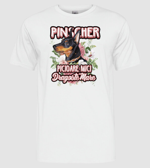 Pinscher picioare mici dragoste mare model alb pe tricou