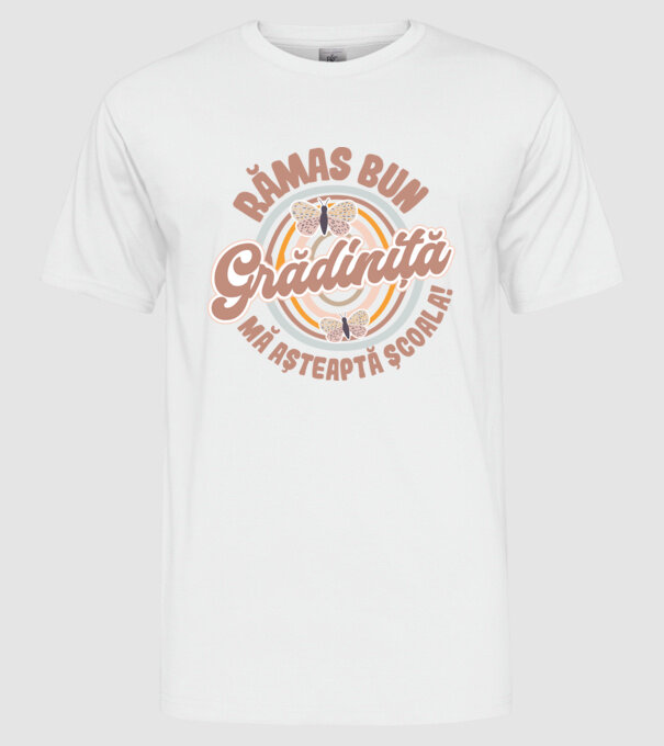 Rămas bun grădiniță, mă așteaptă școala! model alb pe tricou