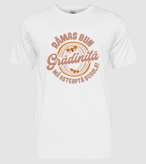 Rămas bun grădiniță, mă așteaptă școala! model alb pe tricou