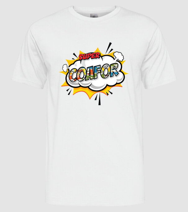 Super Coafor model alb pe tricou