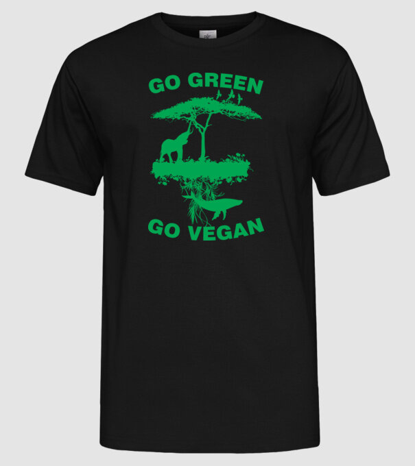 go green go vegan model negru pe tricou