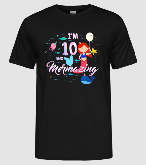 Mermazing Birthday 10 model negru pe tricou