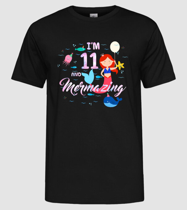 Mermazing Birthday 11 model negru pe tricou