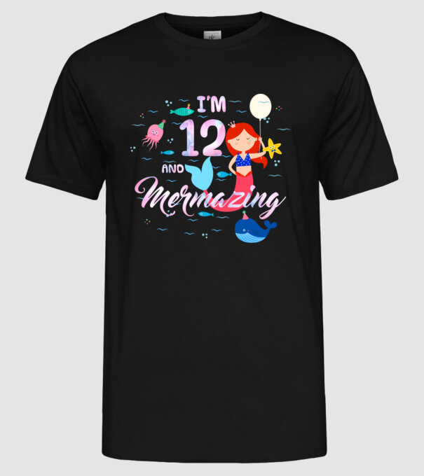 Mermazing Birthday 12 model negru pe tricou