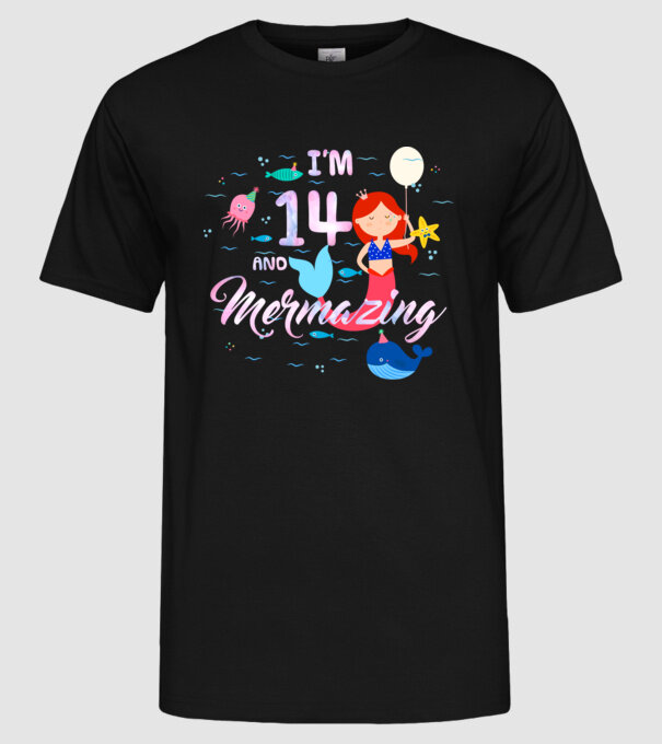 Mermazing Birthday 14 model negru pe tricou