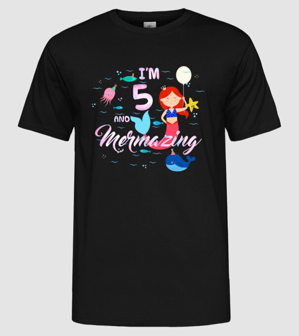 Mermazing Birthday 5 model negru pe tricou