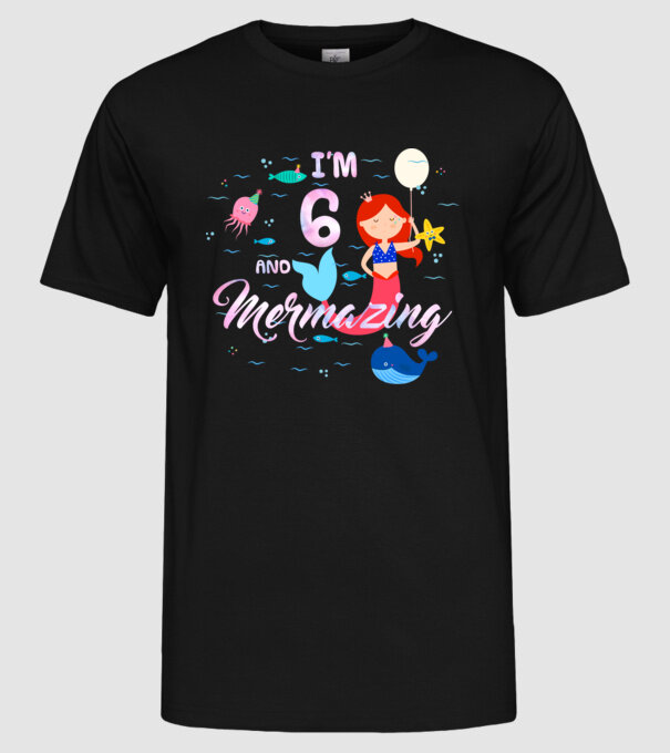 Mermazing Birthday 6 model negru pe tricou