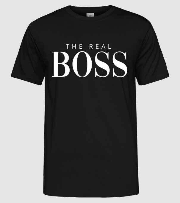 Motiv cuplu The REAL Boss model negru pe tricou