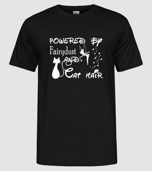 Powered by fairydust and cat hair model negru pe tricou