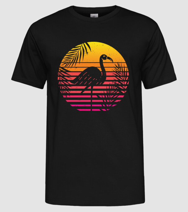 Retro flamingo sunset model negru pe tricou