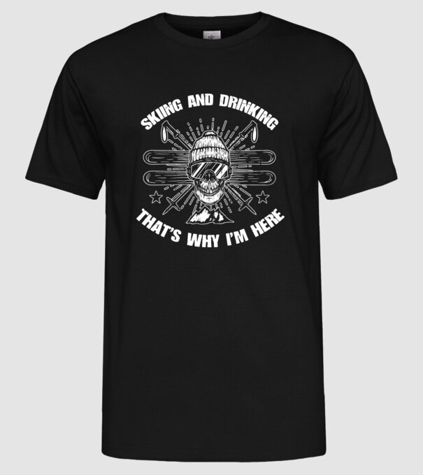 Skiing and drinking model negru pe tricou