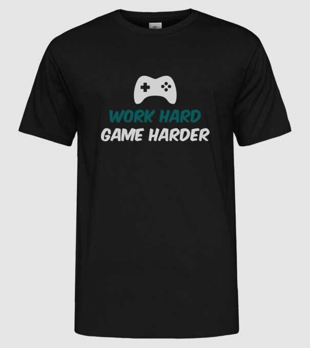 Work hard, game harder model negru pe tricou