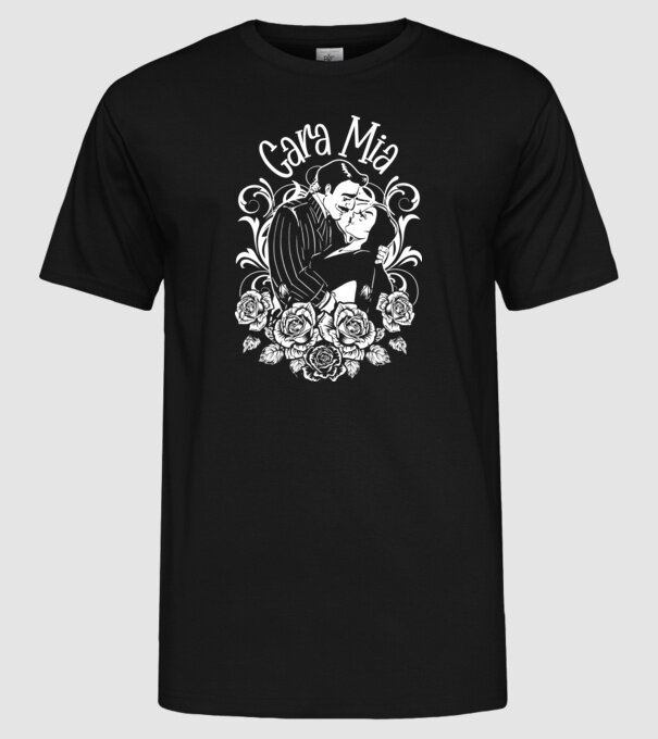 Addams family couple shirt Morticia and Gomez Cara Mia model negru pe tricou