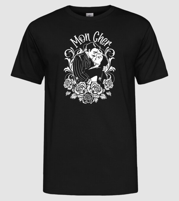 Addams family couple shirt Morticia and Gomez Mon cher model negru pe tricou