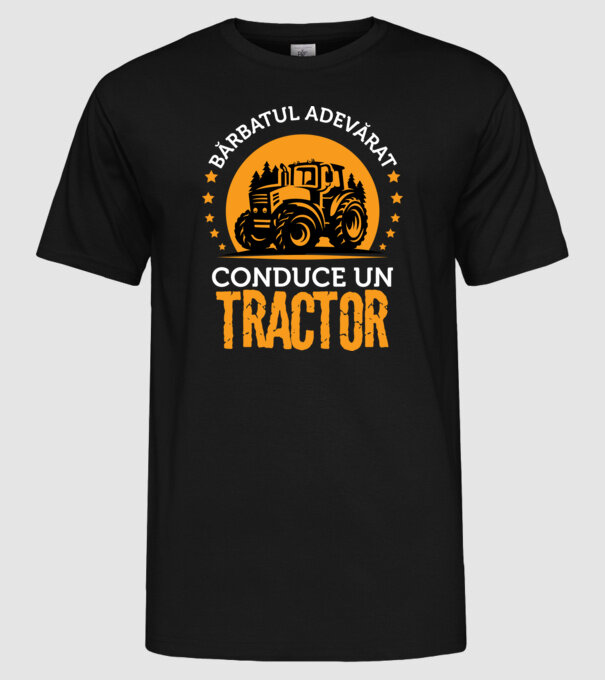 Bărbatul adevărat conduce un tractor model negru pe tricou