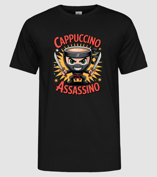 Cappuccino Assasino model negru pe tricou