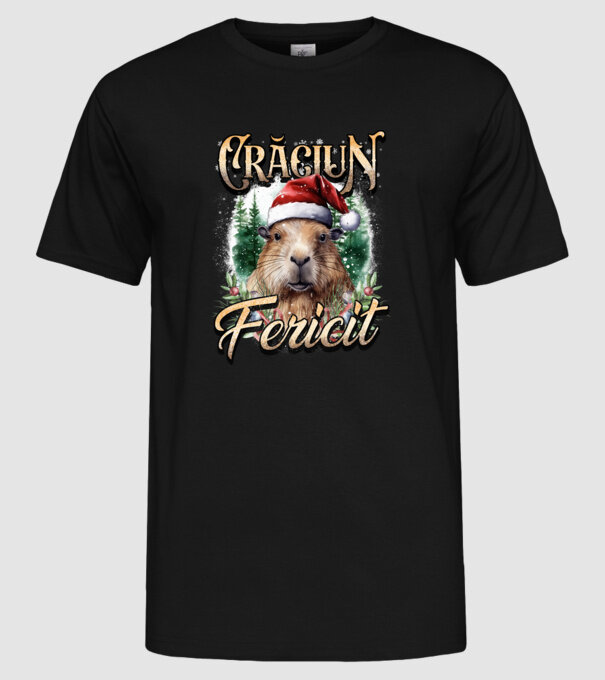 Capybara christmas model negru pe tricou