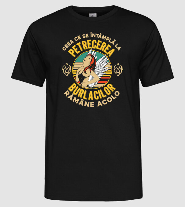 Ceea ce se întâmplă la petrecerea burlacilor rămâne la petrecerea burlacilor model negru pe tricou
