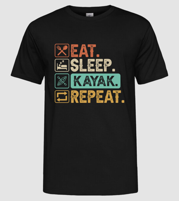 Eat Sleep Kayak model negru pe tricou